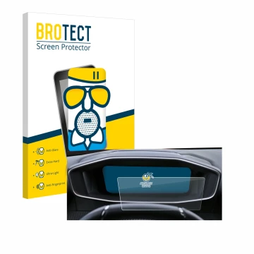Front side of a product packaging with the brand logo BROTECT. Next to it is the device Peugeot 2008 2022 Cockpit shown with t