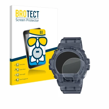 Front side of a product packaging with the brand logo BROTECT. Next to it is the device Casio G-Shock DW-6900 shown with the c