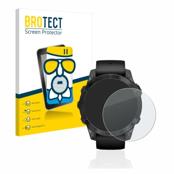 Front side of a product packaging with the brand logo BROTECT. Next to it is the device Garmin Epix Pro (Gen 2) (47 mm) shown 