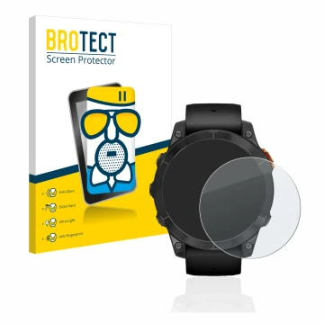 Front side of a product packaging with the brand logo BROTECT. Next to it is the device Garmin Fenix 7 Pro Solar (47 mm) shown