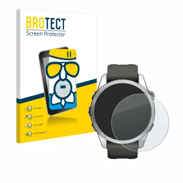 Front side of a product packaging with the brand logo BROTECT. Next to it is the device Garmin Fenix 7S Pro Solar (42 mm) show
