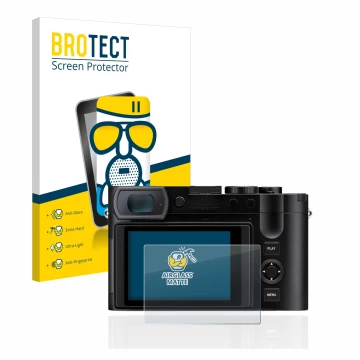 Front side of a product packaging with the brand logo BROTECT. Next to it is the device Leica Q3 shown with the corresponding 