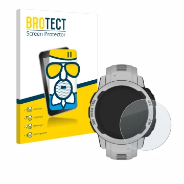 Front side of a product packaging with the brand logo BROTECT. Next to it is the device Garmin Instinct 2S Solar (40 mm) shown