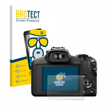 Front side of a product packaging with the brand logo BROTECT. Next to it is the device Canon EOS R100 shown with the correspo