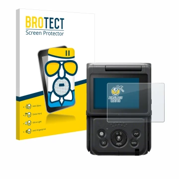 Front side of a product packaging with the brand logo BROTECT. Next to it is the device Canon PowerShot V10 Vlog Camera shown 