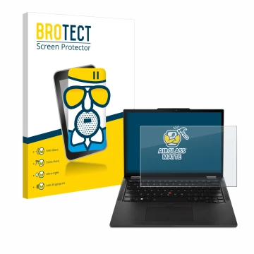 Front side of a product packaging with the brand logo BROTECT. Next to it is the device Lenovo ThinkPad X13 Gen 4 shown with t