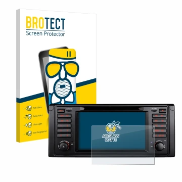 Front side of a product packaging with the brand logo BROTECT. Next to it is the device Xtrons IQ7039B shown with the correspo