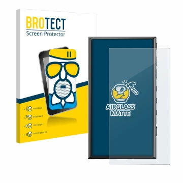 Front side of a product packaging with the brand logo BROTECT. Next to it is the device Sony Walkman NW-A306 shown with the co