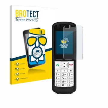 Front side of a product packaging with the brand logo BROTECT. Next to it is the device Unify OpenScape DECT Phone R6 shown wi