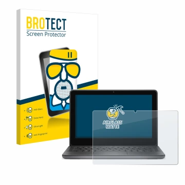 Front side of a product packaging with the brand logo BROTECT. Next to it is the device Dell Latitude 3140 2-in-1 shown with t