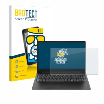 Front side of a product packaging with the brand logo BROTECT. Next to it is the device Lenovo V15 Gen 4 AMN shown with the co