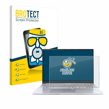 Front side of a product packaging with the brand logo BROTECT. Next to it is the device ASUS Vivobook 16 M1605 shown with the 