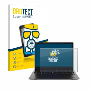 Front side of a product packaging with the brand logo BROTECT. Next to it is the device Lenovo ThinkPad L13 Gen 4 Touch shown 