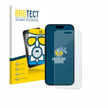 Front side of a product packaging with the brand logo BROTECT. Next to it is the device Apple iPhone 15 shown with the corresp