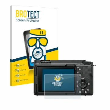 Front side of a product packaging with the brand logo BROTECT. Next to it is the device Sony Alpha ZV-E1 shown with the corres