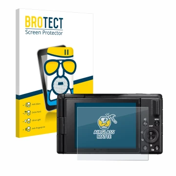 Front side of a product packaging with the brand logo BROTECT. Next to it is the device Sony ZV-1M2 shown with the correspondi