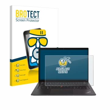 Front side of a product packaging with the brand logo BROTECT. Next to it is the device Lenovo ThinkPad T14s Gen 4 shown with 