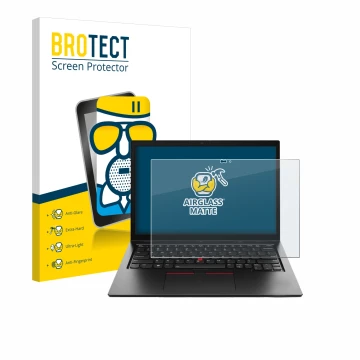 Front side of a product packaging with the brand logo BROTECT. Next to it is the device Lenovo ThinkPad L13 Yoga Gen 4 shown w