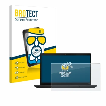 Front side of a product packaging with the brand logo BROTECT. Next to it is the device Lenovo ThinkPad L14 Gen 4 shown with t