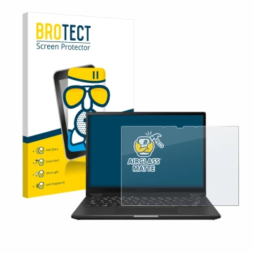 Front side of a product packaging with the brand logo BROTECT. Next to it is the device ASUS ROG Flow X13 2023 shown with the 