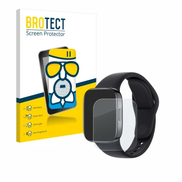 Front side of a product packaging with the brand logo BROTECT. Next to it is the device Xiaomi Redmi Watch 3 shown with the co