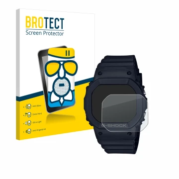 Front side of a product packaging with the brand logo BROTECT. Next to it is the device Casio G-Shock GMD-S5600 shown with the