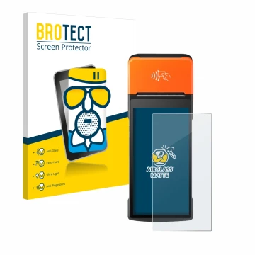 Front side of a product packaging with the brand logo BROTECT. Next to it is the device Sunmi V2 Pro shown with the correspond
