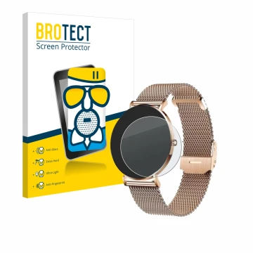 Front side of a product packaging with the brand logo BROTECT. Next to it is the device Xcoast X-Watch Siona 2 shown with the 