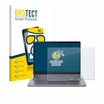 Front side of a product packaging with the brand logo BROTECT. Next to it is the device Acer Chromebook Spin 714 shown with th