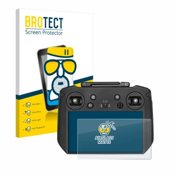 Front side of a product packaging with the brand logo BROTECT. Next to it is the device DJI Mavic 3 RC Pro shown with the corr