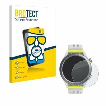 Front side of a product packaging with the brand logo BROTECT. Next to it is the device Huami Amazfit Cheetah shown with the c