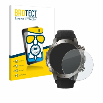 Front side of a product packaging with the brand logo BROTECT. Next to it is the device Huami Amazfit Falcon shown with the co