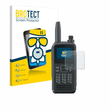 Front side of a product packaging with the brand logo BROTECT. Next to it is the device Kenwood TH-D75E D-Star shown with the 