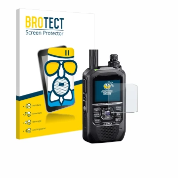 Front side of a product packaging with the brand logo BROTECT. Next to it is the device Icom ID-50E shown with the correspondi