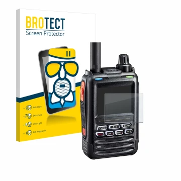 Front side of a product packaging with the brand logo BROTECT. Next to it is the device Yaesu FT-5DE/DR shown with the corresp