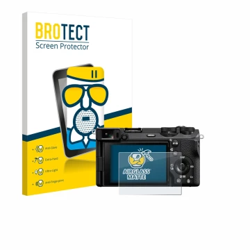 Front side of a product packaging with the brand logo BROTECT. Next to it is the device Sony Alpha 6700 shown with the corresp