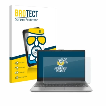 Front side of a product packaging with the brand logo BROTECT. Next to it is the device HP 250 G9 shown with the corresponding