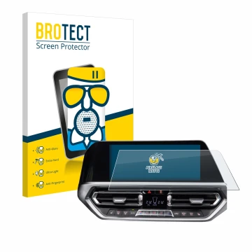 Front side of a product packaging with the brand logo BROTECT. Next to it is the device BMW 3 G20 2020 shown with the correspo