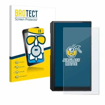 Front side of a product packaging with the brand logo BROTECT. Next to it is the device FiiO M11s shown with the corresponding