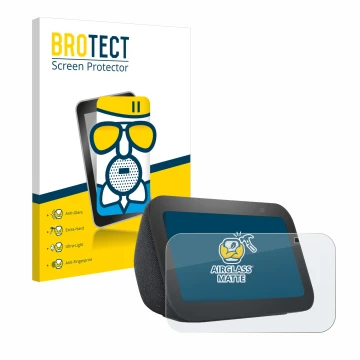 Front side of a product packaging with the brand logo BROTECT. Next to it is the device Amazon Echo Show 5 (3th Gen.) shown wi