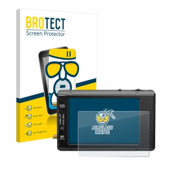 Front side of a product packaging with the brand logo BROTECT. Next to it is the device tinySA ultra spectrum analyser shown w