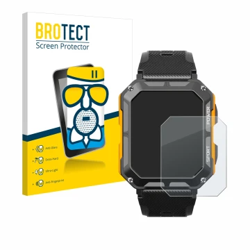 Front side of a product packaging with the brand logo BROTECT. Next to it is the device Njord Gear The Indestructible Smartwat