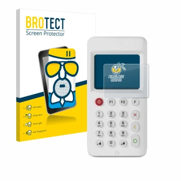 Front side of a product packaging with the brand logo BROTECT. Next to it is the device myPOS Go 2 shown with the correspondin