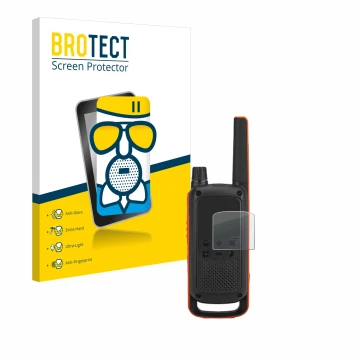 Front side of a product packaging with the brand logo BROTECT. Next to it is the device Motorola Talkabout T82 shown with the 