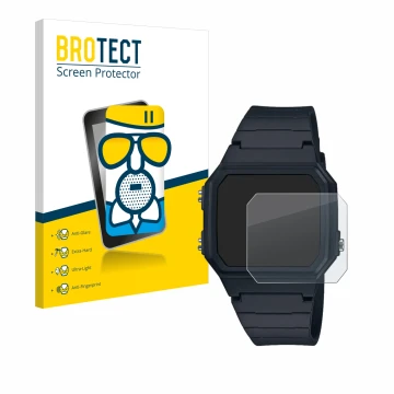 Front side of a product packaging with the brand logo BROTECT. Next to it is the device Casio W-217H-1AVCF shown with the corr