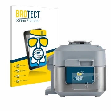 Front side of a product packaging with the brand logo BROTECT. Next to it is the device Ninja Speedi Rapid Cooking System show