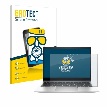 Front side of a product packaging with the brand logo BROTECT. Next to it is the device HP EliteBook x360 830 G10 shown with t