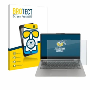 Front side of a product packaging with the brand logo BROTECT. Next to it is the device Lenovo ThinkBook 14s Yoga G3 shown wit