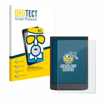 Front side of a product packaging with the brand logo BROTECT. Next to it is the device PocketBook InkPad 4 shown with the cor