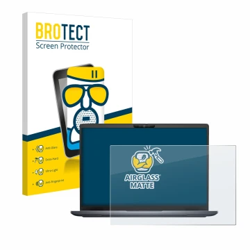 Front side of a product packaging with the brand logo BROTECT. Next to it is the device Dell Latitude 7340 shown with the corr